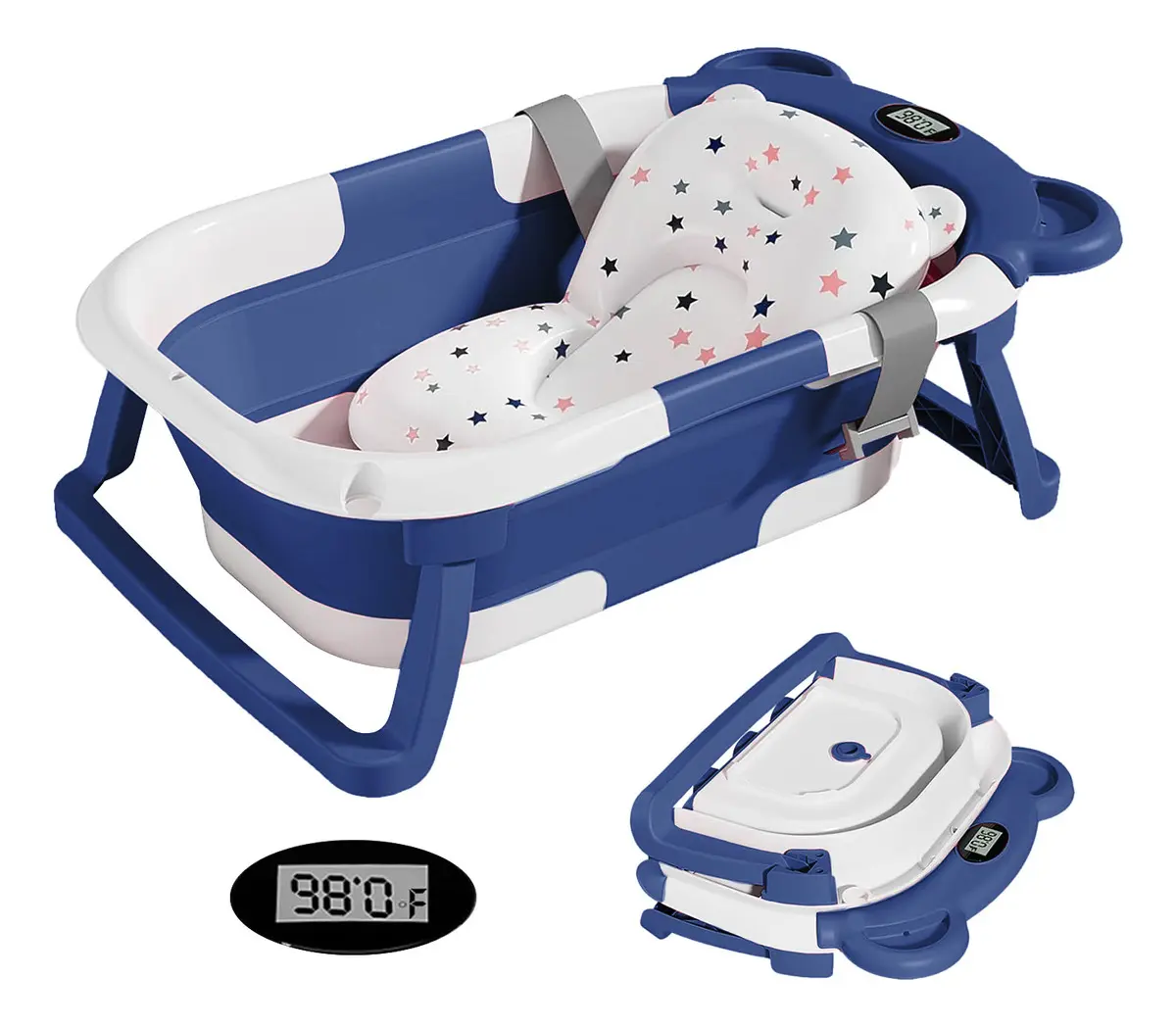 Bañera Tina Baño Bebe Plegable Portátil con Cojín Termometro